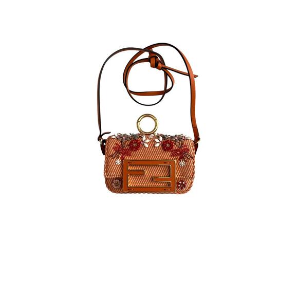Fendi Handbags - Fendi Baguette nano orange denim beaded shoulder bag